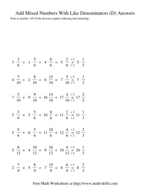 The Adding Mixed Fractions -- Like Denominators Renaming Reducing (D) Math Worksheet Page 2