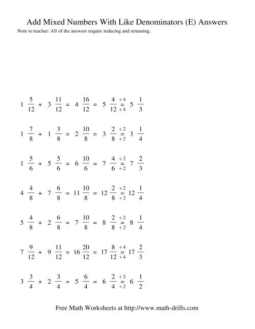 The Adding Mixed Fractions -- Like Denominators Renaming Reducing (E) Math Worksheet Page 2