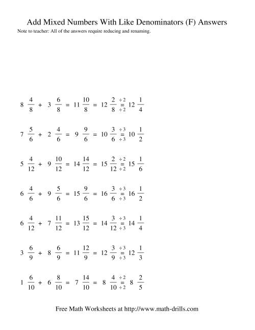 The Adding Mixed Fractions -- Like Denominators Renaming Reducing (F) Math Worksheet Page 2