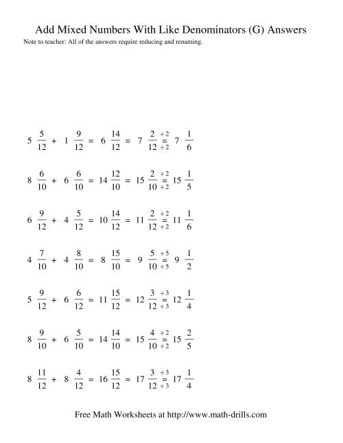 The Adding Mixed Fractions -- Like Denominators Renaming Reducing (G) Math Worksheet Page 2