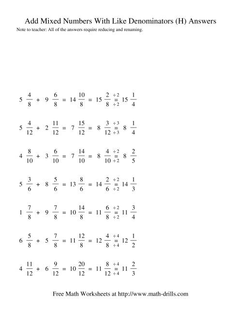 The Adding Mixed Fractions -- Like Denominators Renaming Reducing (H) Math Worksheet Page 2