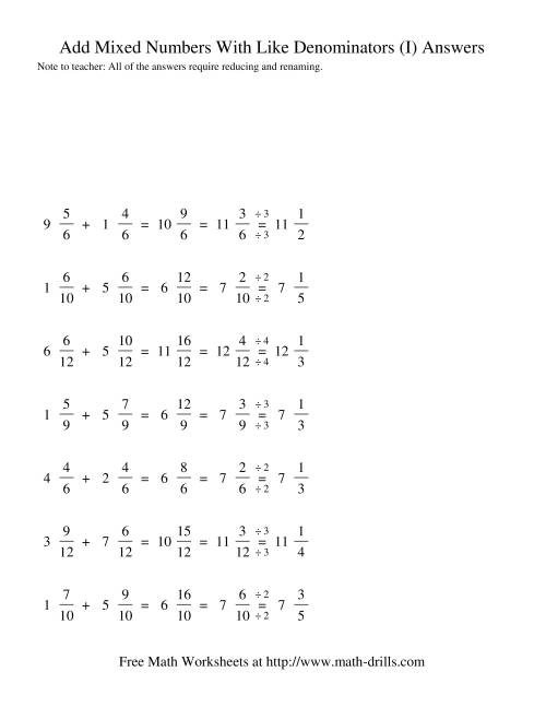 The Adding Mixed Fractions -- Like Denominators Renaming Reducing (I) Math Worksheet Page 2