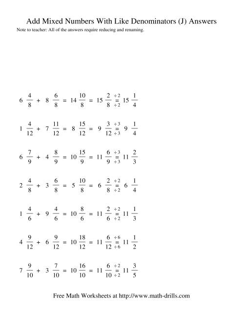The Adding Mixed Fractions -- Like Denominators Renaming Reducing (J) Math Worksheet Page 2