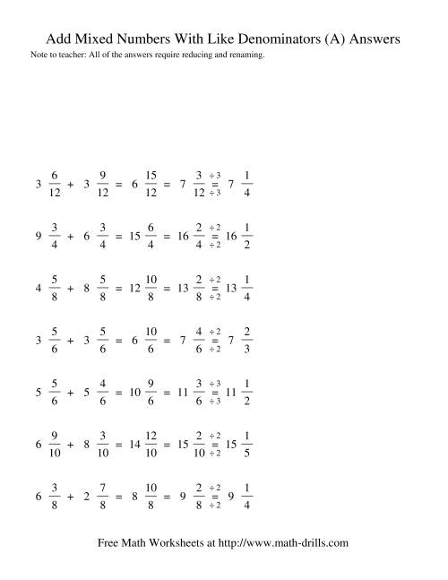 The Adding Mixed Fractions -- Like Denominators Renaming Reducing (All) Math Worksheet Page 2
