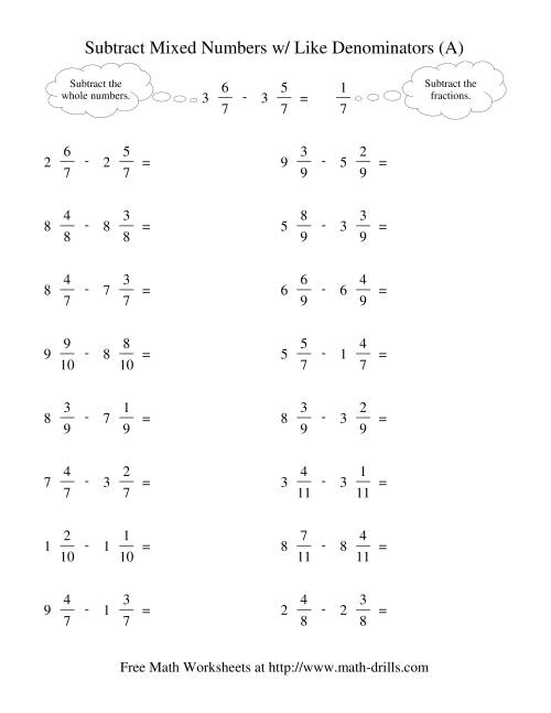 subtracting mixed fractions like denominators no reducing no