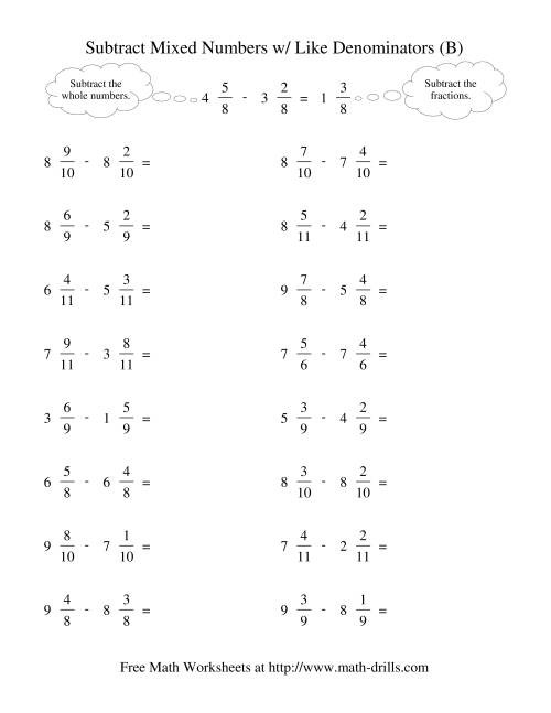 The Subtracting Mixed Fractions -- Like Denominators No Reducing No Renaming (B) Math Worksheet