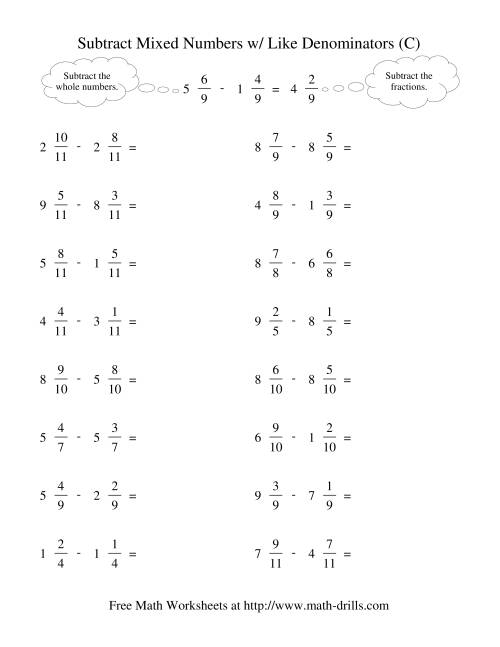 The Subtracting Mixed Fractions -- Like Denominators No Reducing No Renaming (C) Math Worksheet
