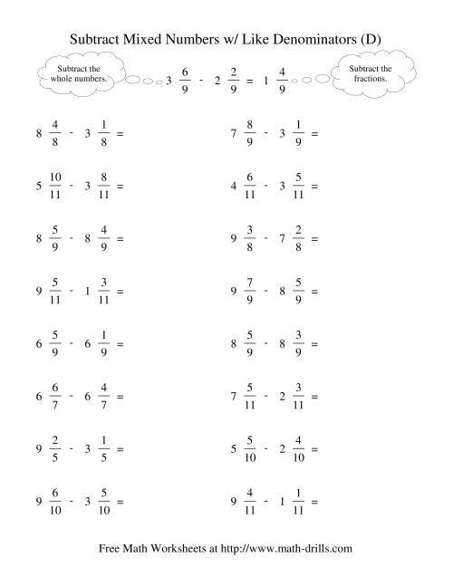 The Subtracting Mixed Fractions -- Like Denominators No Reducing No Renaming (D) Math Worksheet