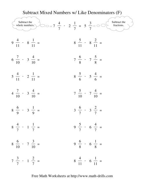 The Subtracting Mixed Fractions -- Like Denominators No Reducing No Renaming (F) Math Worksheet