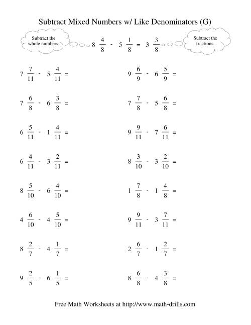 The Subtracting Mixed Fractions -- Like Denominators No Reducing No Renaming (G) Math Worksheet