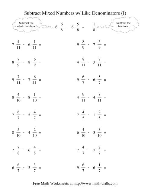The Subtracting Mixed Fractions -- Like Denominators No Reducing No Renaming (I) Math Worksheet
