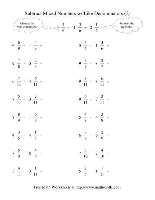 The Subtracting Mixed Fractions -- Like Denominators No Reducing No Renaming (J) Math Worksheet