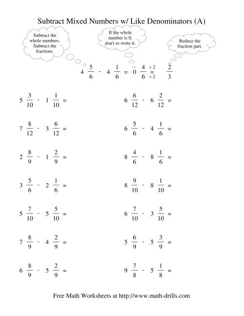 The Subtracting Mixed Fractions -- Like Denominators Reducing No Renaming (A) Math Worksheet