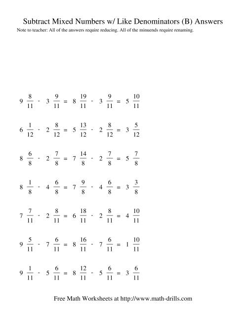 The Subtracting Mixed Fractions -- Like Denominators Renaming No Reducing (B) Math Worksheet Page 2