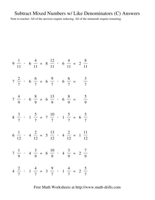 The Subtracting Mixed Fractions -- Like Denominators Renaming No Reducing (C) Math Worksheet Page 2