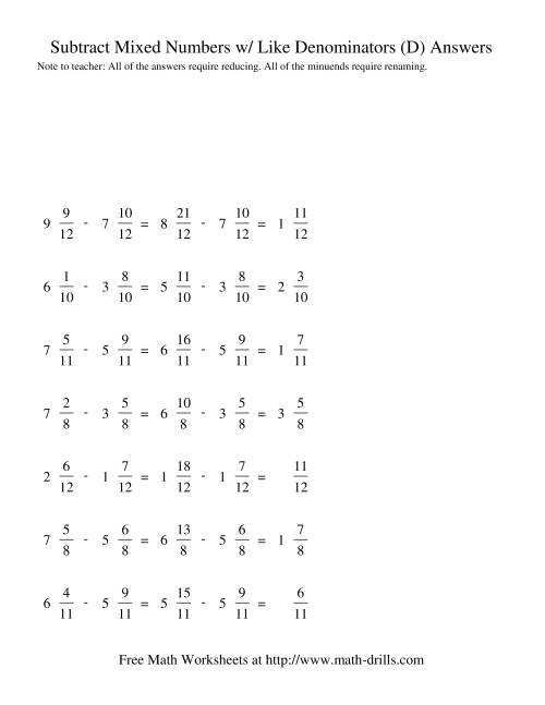 The Subtracting Mixed Fractions -- Like Denominators Renaming No Reducing (D) Math Worksheet Page 2