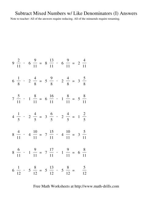 The Subtracting Mixed Fractions -- Like Denominators Renaming No Reducing (I) Math Worksheet Page 2