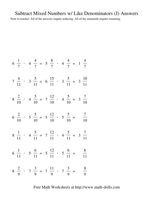 The Subtracting Mixed Fractions -- Like Denominators Renaming No Reducing (J) Math Worksheet Page 2