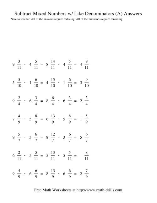 The Subtracting Mixed Fractions -- Like Denominators Renaming No Reducing (All) Math Worksheet Page 2