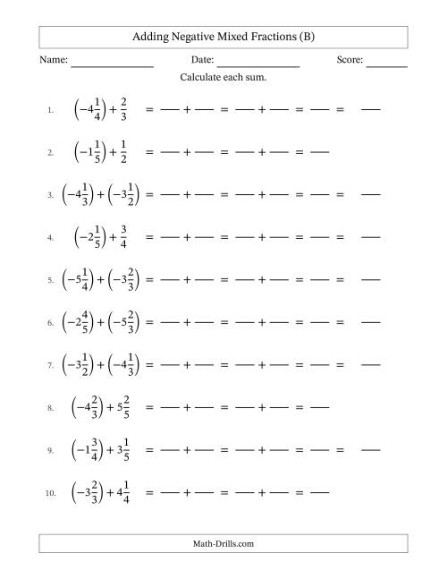 The Adding Negative Mixed Fractions with Unlike Denominators Up to Sixths, Mixed Fraction Results and No Simplifying (Fillable) (B) Math Worksheet