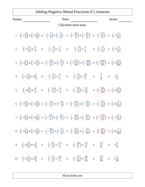 The Adding Negative Mixed Fractions with Unlike Denominators Up to Sixths, Mixed Fraction Results and No Simplifying (Fillable) (C) Math Worksheet Page 2