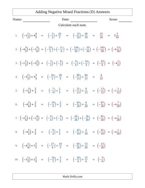 The Adding Negative Mixed Fractions with Unlike Denominators Up to Sixths, Mixed Fraction Results and No Simplifying (Fillable) (D) Math Worksheet Page 2