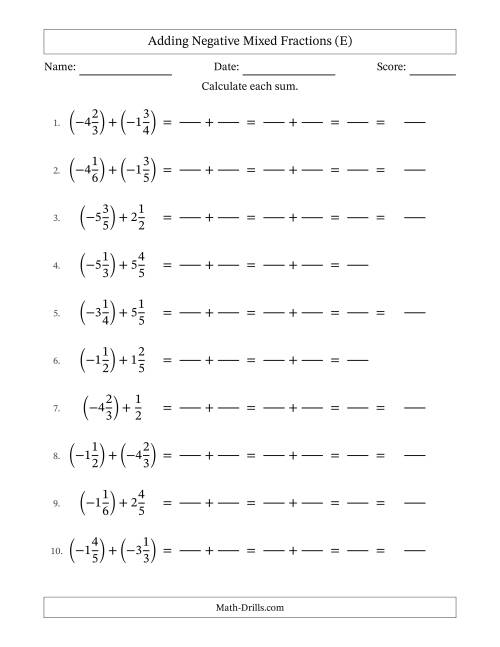 The Adding Negative Mixed Fractions with Unlike Denominators Up to Sixths, Mixed Fraction Results and No Simplifying (Fillable) (E) Math Worksheet
