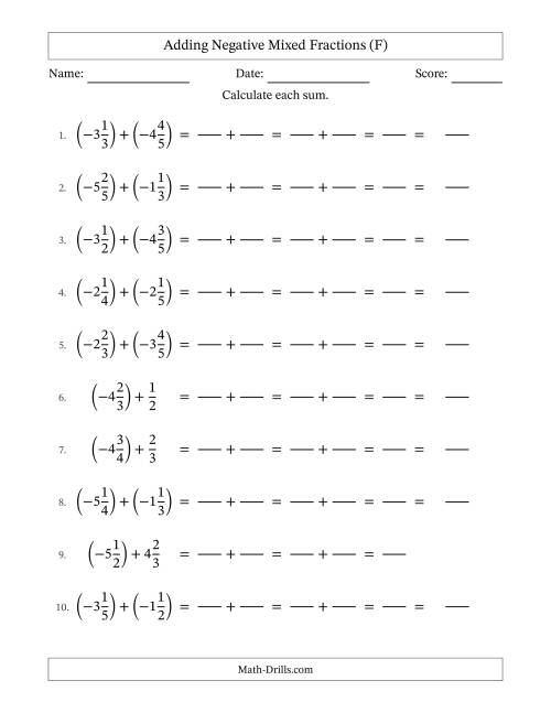 The Adding Negative Mixed Fractions with Unlike Denominators Up to Sixths, Mixed Fraction Results and No Simplifying (Fillable) (F) Math Worksheet