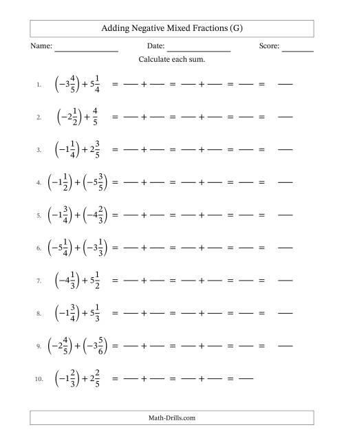 The Adding Negative Mixed Fractions with Unlike Denominators Up to Sixths, Mixed Fraction Results and No Simplifying (Fillable) (G) Math Worksheet