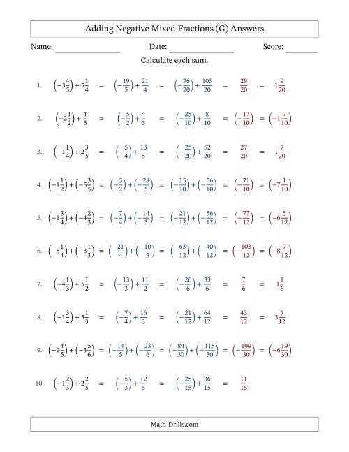 The Adding Negative Mixed Fractions with Unlike Denominators Up to Sixths, Mixed Fraction Results and No Simplifying (Fillable) (G) Math Worksheet Page 2