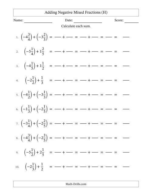 The Adding Negative Mixed Fractions with Unlike Denominators Up to Sixths, Mixed Fraction Results and No Simplifying (Fillable) (H) Math Worksheet