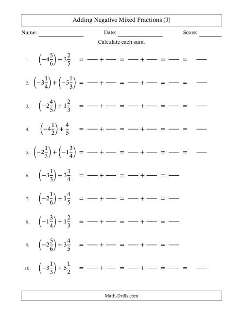 The Adding Negative Mixed Fractions with Unlike Denominators Up to Sixths, Mixed Fraction Results and No Simplifying (Fillable) (J) Math Worksheet