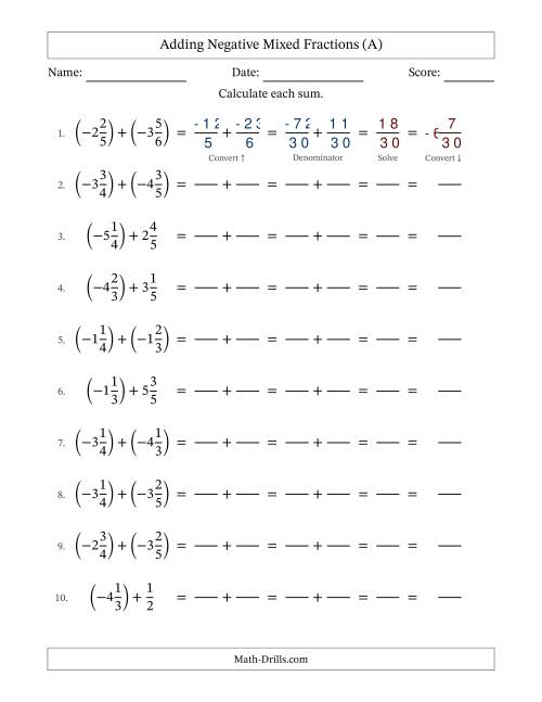The Adding Negative Mixed Fractions with Unlike Denominators Up to Sixths, Mixed Fraction Results and No Simplifying (Fillable) (All) Math Worksheet