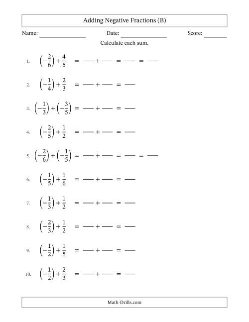 The Adding Negative Proper Fractions with Unlike Denominators Up to Sixths, Proper Fraction Results and Some Simplifying (Fillable) (B) Math Worksheet