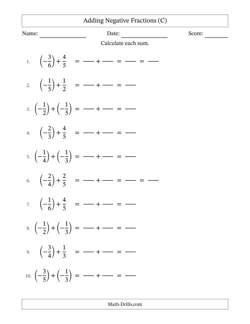 The Adding Negative Proper Fractions with Unlike Denominators Up to Sixths, Proper Fraction Results and Some Simplifying (Fillable) (C) Math Worksheet