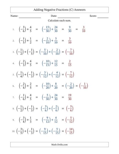 The Adding Negative Proper Fractions with Unlike Denominators Up to Sixths, Proper Fraction Results and Some Simplifying (Fillable) (C) Math Worksheet Page 2