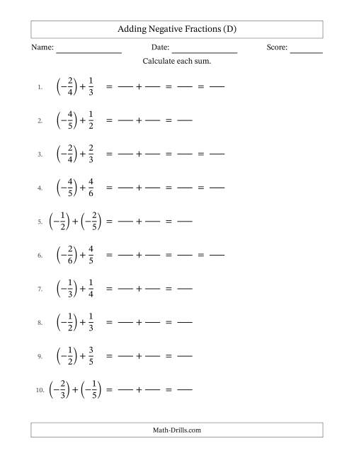 The Adding Negative Proper Fractions with Unlike Denominators Up to Sixths, Proper Fraction Results and Some Simplifying (Fillable) (D) Math Worksheet