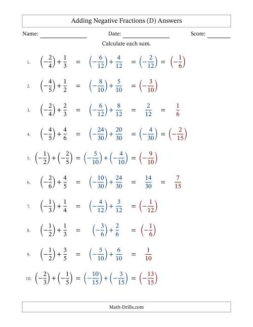 The Adding Negative Proper Fractions with Unlike Denominators Up to Sixths, Proper Fraction Results and Some Simplifying (Fillable) (D) Math Worksheet Page 2