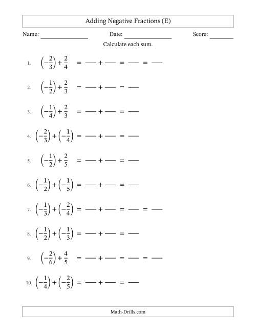 The Adding Negative Proper Fractions with Unlike Denominators Up to Sixths, Proper Fraction Results and Some Simplifying (Fillable) (E) Math Worksheet