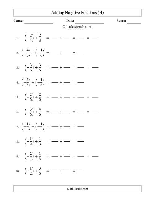 The Adding Negative Proper Fractions with Unlike Denominators Up to Sixths, Proper Fraction Results and Some Simplifying (Fillable) (H) Math Worksheet