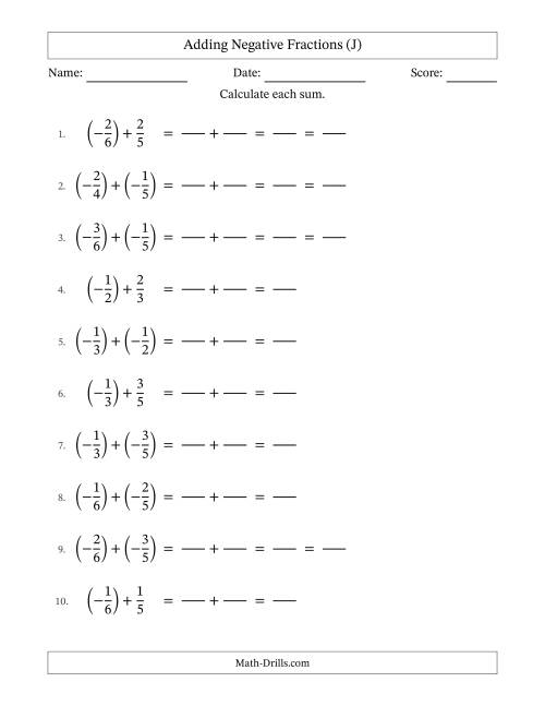 The Adding Negative Proper Fractions with Unlike Denominators Up to Sixths, Proper Fraction Results and Some Simplifying (Fillable) (J) Math Worksheet