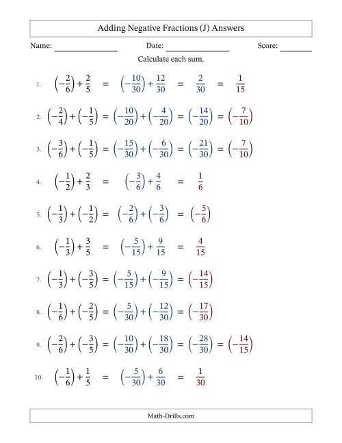 The Adding Negative Proper Fractions with Unlike Denominators Up to Sixths, Proper Fraction Results and Some Simplifying (Fillable) (J) Math Worksheet Page 2