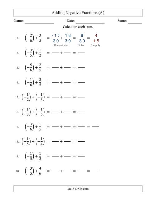 The Adding Negative Proper Fractions with Unlike Denominators Up to Sixths, Proper Fraction Results and Some Simplifying (Fillable) (All) Math Worksheet