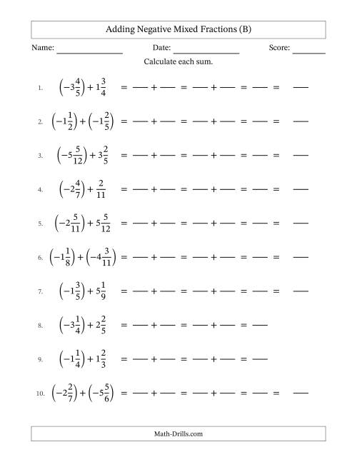 The Adding Negative Mixed Fractions with Denominators to Twelfths (B) Math Worksheet