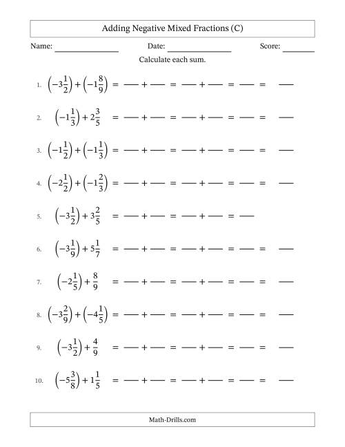 The Adding Negative Mixed Fractions with Unlike Denominators Up to Twelfths, Mixed Fraction Results and No Simplifying (Fillable) (C) Math Worksheet