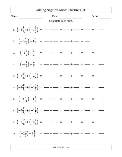 The Adding Negative Mixed Fractions with Unlike Denominators Up to Twelfths, Mixed Fraction Results and No Simplifying (Fillable) (D) Math Worksheet