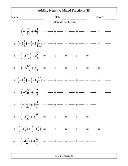 The Adding Negative Mixed Fractions with Unlike Denominators Up to Twelfths, Mixed Fraction Results and No Simplifying (Fillable) (E) Math Worksheet