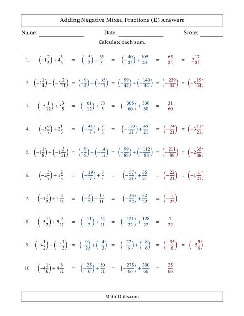 The Adding Negative Mixed Fractions with Unlike Denominators Up to Twelfths, Mixed Fraction Results and No Simplifying (Fillable) (E) Math Worksheet Page 2