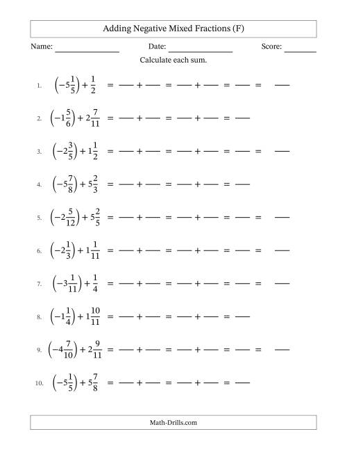 The Adding Negative Mixed Fractions with Unlike Denominators Up to Twelfths, Mixed Fraction Results and No Simplifying (Fillable) (F) Math Worksheet
