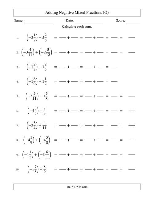 The Adding Negative Mixed Fractions with Unlike Denominators Up to Twelfths, Mixed Fraction Results and No Simplifying (Fillable) (G) Math Worksheet